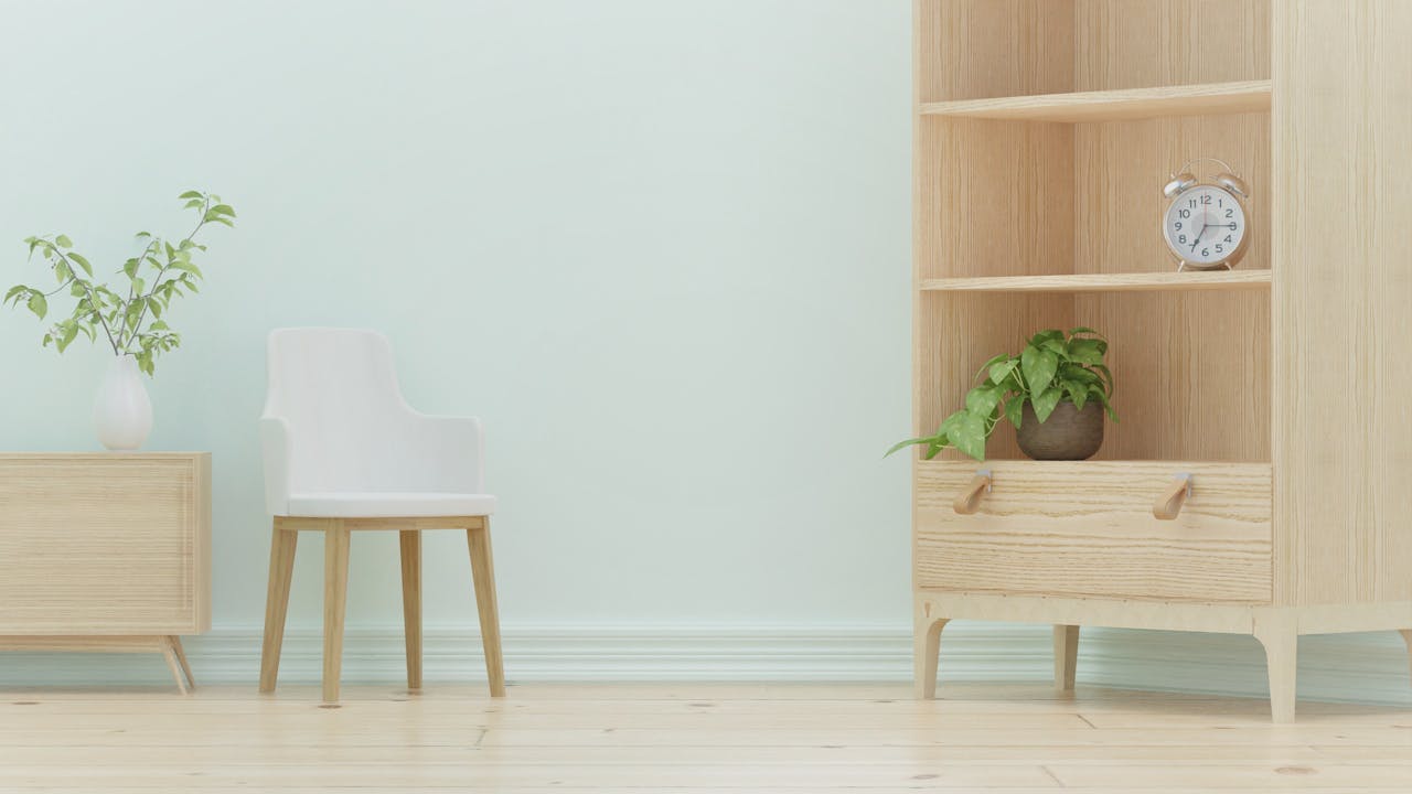 Elegant and modern minimalist interior featuring wooden furniture and indoor plants.