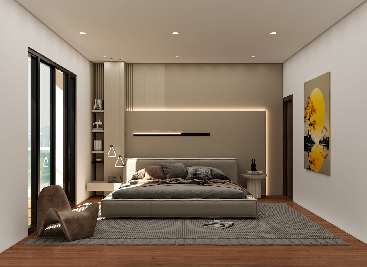 Elegant modern bedroom design with minimalist aesthetics, featuring neutral tones and stylish decor elements.